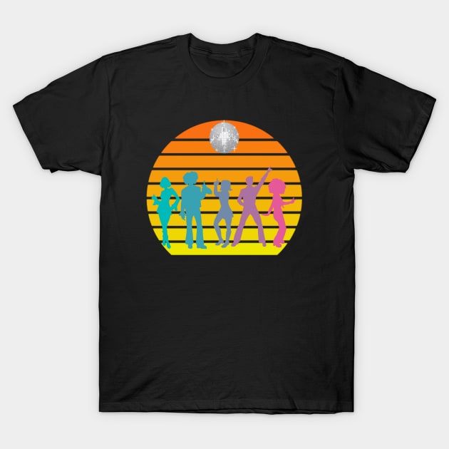 Disco Dancers 70's Retro Sunset Disco Ball T-Shirt by Rosemarie Guieb Designs